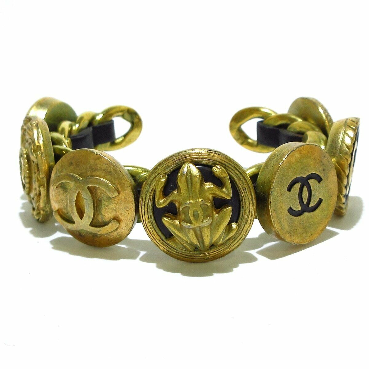 Vintage Chanel cuff bracelet bangle 7 icon charm black round