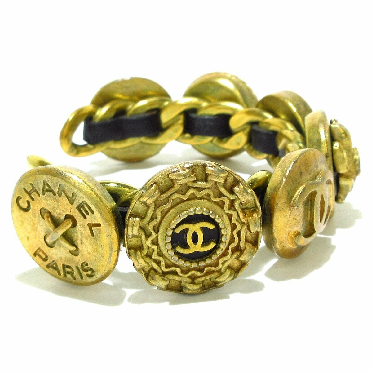 Vintage Chanel cuff bracelet bangle 7 icon charm black round - aptiques by Authentic PreOwned